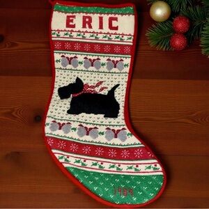 VTG Wool Cross Stitch Needlepoint Christmas Stocking Scottish Dog Velvet Back19”